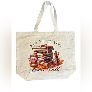 Fall Themed Tote Bag with Books and Coffee Design